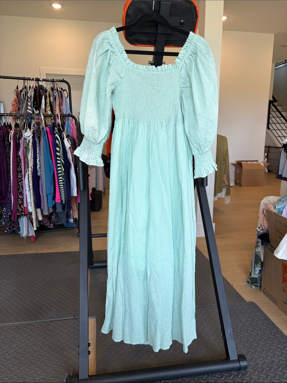 Smocked Puff-Sleeve Maxi Dress in Mint